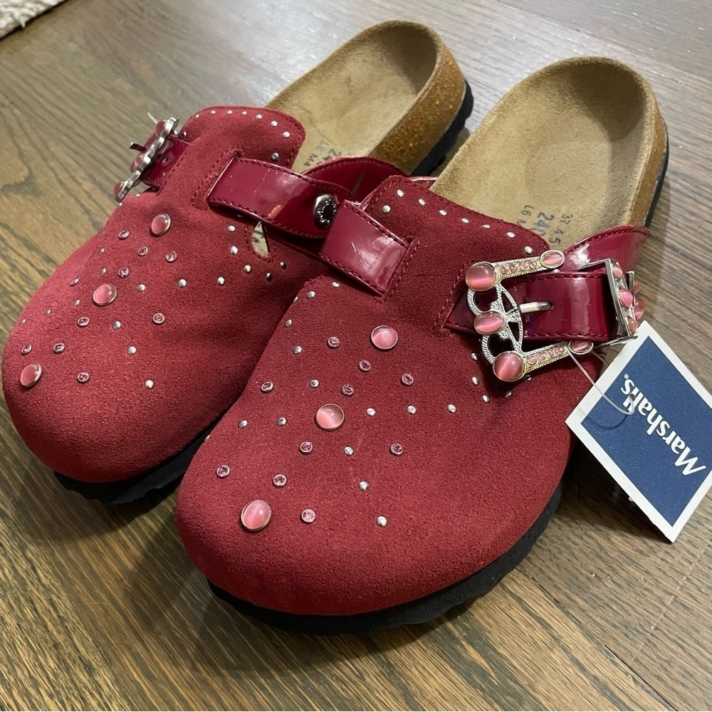 Betula by Birkenstock ROCKO Studded Bling Burgundy Red Suede Clogs L6 EU 37